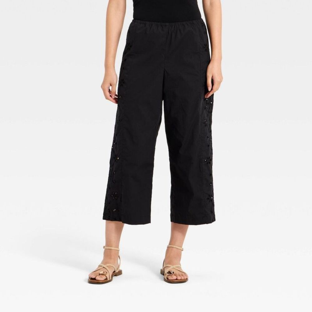 a new day Black Cropped Eyelet-Trim Wide Leg Pants